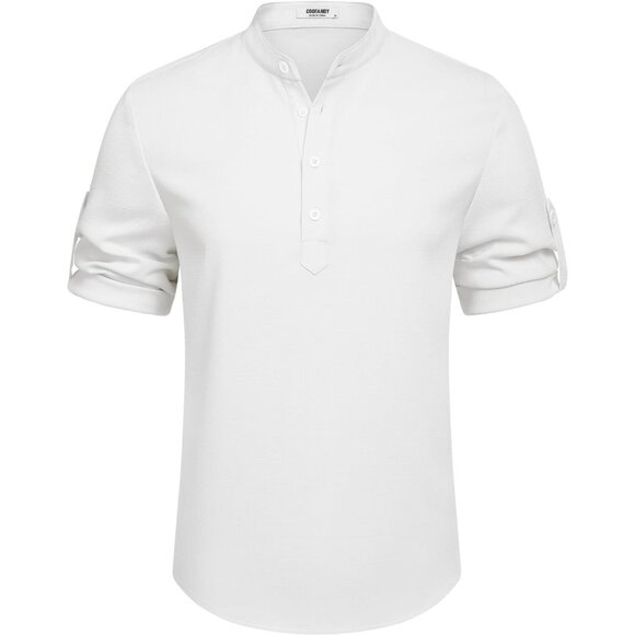 Men's Casual Henley Short Sleeve Band Collar Linen Summer Beach Hippie T-Shirts - Picture 6 of 7